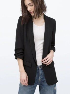 Zara Black Ruched 3/4 Quarter Sleeve Blazer